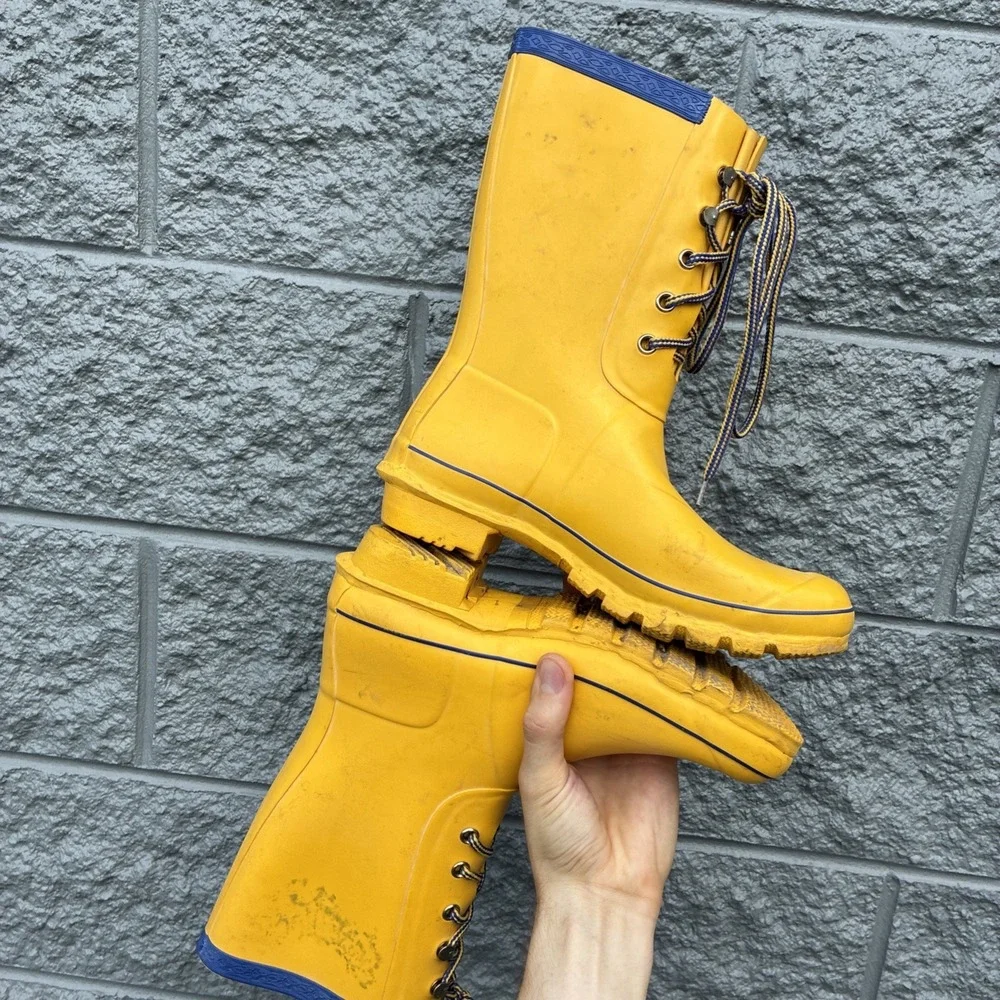 Hunter Festival Mid-Calf Lace Up Yellow w/ Blue Trim Women's US 9 Rain Boots